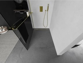 Mexen Kioto+ L, sprchová zástena Walk-In s poličkou a vešiakom 90 x 200 cm, 8mm šedé sklo, zlatý lesklý profil,800-090-123-50-40