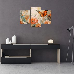 Obraz - Motýľ a kvety, olejomaľba (90x60 cm)