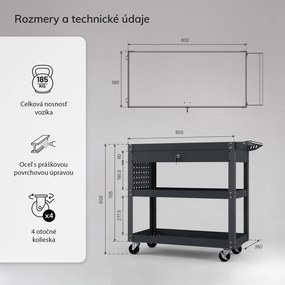 Dielenský nástrojový vozík so zásuvkou, na kolieskach, antracitový, 800x800x380 mm: FRED
