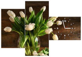 Gario Obraz s hodinami Očarujúce biele tulipány - 3 dielny Rozmery: 90 x 30 cm