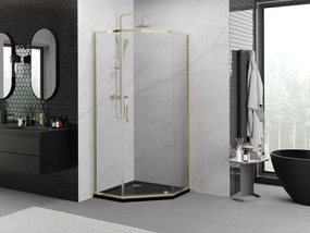 Mexen Exo, päťuholníkový výklopný sprchový kút 80 x 80 cm, číre sklo, zlatá, 812-080-080-50-00