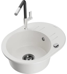 Mexen Kevin, 1-komorový granitový drez 586x458x190 mm a drezová batéria Flora, biela, 6517-20-670401-07-B