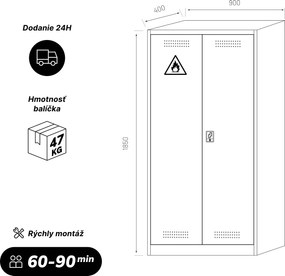 Skriňa na chemikálie s ventiláciou a odkvapkávacími zásobníkmi, šedo-žltá, 900x1850x400 mm: MARIA