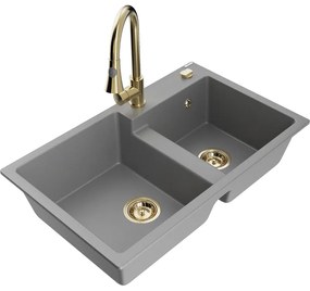 Mexen Tomas, 2-komorový granitový drez 800x500x190 mm a drezová batéria Elia, šedá, 6516-71-670101-50