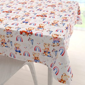 Biante Detský bavlnený štvorcový obrus Sandra SA-521 Modro-červení psíkovia s autami na bielom 150x150 cm