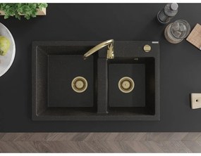 Mexen Tomas, granitový drez 800x500x190 mm, 2-komorový, čierna-zlatá metalíza so zlatým sifónom, 6516802000-75-G