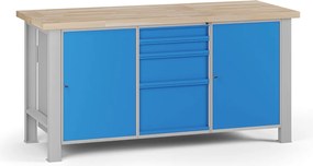 Dielenský pracovný stôl G7, buková škárovka, 1700 x 685 x 840 mm, 2x skrinka, 4 zásuvky, modrá