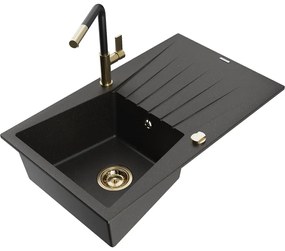 Mexen Cesar, 1-komorový granitový drez 775x470x190 mm a drezová batéria Flora, čierna-zlatá metalíza, 6514-75-670401-57-G