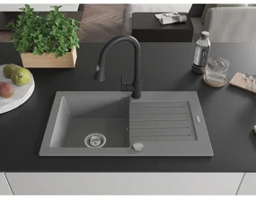 Mexen Pablo, 1-komorový granitový drez 752x436x161 mm a drezová batéria Elia, šedá, 6510-71-670101-70