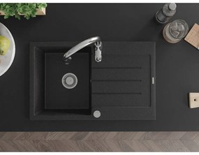 Mexen Bruno, 1-komorový granitový drez 795x495x200 mm a drezová batéria Savita, čierna-strieborná metalíza, 6513-73-672601-00