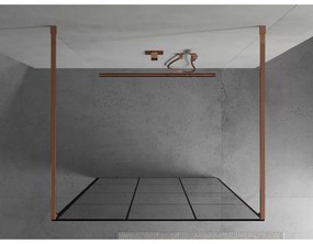 Mexen Kioto, priechodná sprchová zástena 110 x 200 cm, 8mm číre sklo - čierny vzor, 2x zlatá stabilizačná rozpera, profil ružové zlato, 800-110-002-60-77