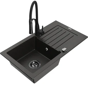 Mexen Pablo, 1-komorový granitový drez 752x436x161 mm a drezová batéria Aster, čierna-zlatá metalíza, 6510-75-73450-70-B