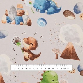 Biante Detský bavlnený oválny obrus Sandra SA-656 Modro-zeleno-hnedé dinosaury na svetlo sivom 140x160 cm