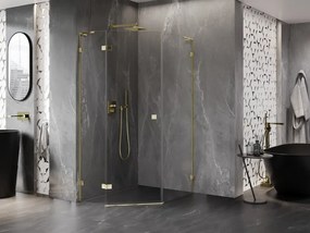Mexen Lunar, L päťuholníkový sprchový kút naklápací doľava 80 x 100 cm, 8mm číre sklo, zlatý profil, 831L-080L-100P-50-00-L