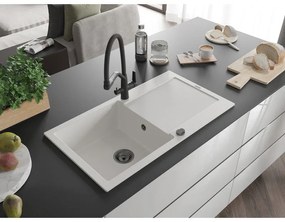 Mexen Leo, 1-komorový granitový drez 900x500x190 mm a drezová batéria Duo, biela, 6501-20-671701-70-B