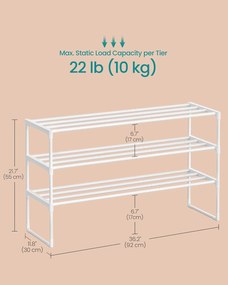 3-poschodový stojan na topánky, kovový regál na topánky, pre 16–20 párov topánok, 30 x 92 x 55 cm, biely