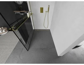 Mexen Kioto+ L, sprchová zástena Walk-In s poličkou a vešiakom 70 x 200 cm, 8mm číre sklo čierny vzor, zlatý lesklý profil,800-070-123-50-78