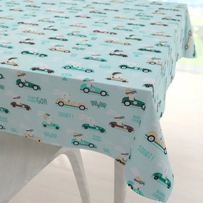 Biante Detský bavlnený štvorcový obrus Sandra SA-375 Zajačie automobilové preteky na mintovom 70x70 cm
