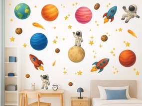 Kozmonauti planéty a rakety textilní prelepiteľné nálepky na stenu hárok 46 x 28 cm