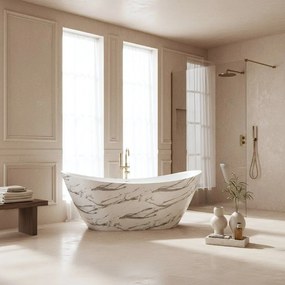 Rea Ferrano Slim, voľne stojaca vaňa 170x73 cm, imitácia kameňa, zlatý matný click-clack, KPL-W7505