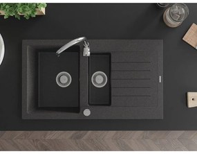 Mexen Matias, 1,5-komorový granitový drez s odkvapkávačom 90x50 cm a kuchynskou batériou Telma, čierna so sriebornými bodkami, 6502-76-670200-00