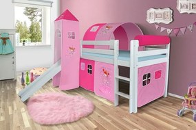 Detská vyvýšená posteľ so šmýkačkou DOMČEK ružový - BIELA