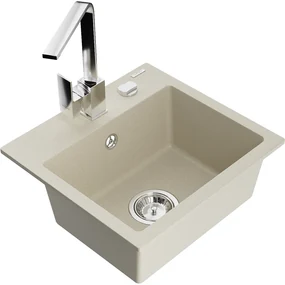 Mexen Milo, 1-komorový granitový drez 435x410x171 mm a chrómová batéria Rita, béžová, 6505-69-670300-00