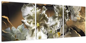 Obraz - Kvety orchideí na mramorovom pozadí (s hodinami) (90x30 cm)