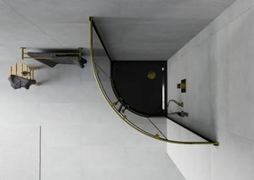 Mexen Rio, štvrťkruhový sprchovací kút s posuvnými dverami 90(dvere) x 90(dvere) x 190 cm, 6mm šedé sklo, zlatý profil + čierna sprchová vanička SLIM, 863-090-090-50-40-4170G