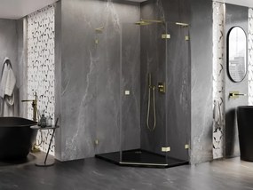 Mexen Lunar, L pravý výklopný päťuholníkový sprchový kút 80 x 100 cm, 8mm číre sklo, zlatý matný profil, 831L-080P-100L-55-00-P