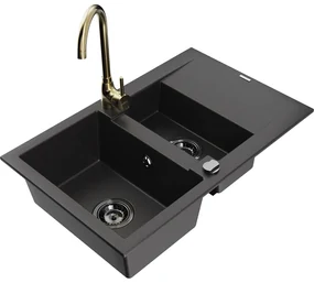 Mexen Gaspar, granitový drez 737x475x177 mm, 1,5-komorový a zlatá batéria Telma, čierna, 6507-77-670200-50-B