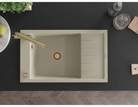 Mexen Elias, 1-komorový granitový drez s odkvapkávačom 795x480x200 mm a zlatá batéria Duero, béžová, 6511-69-671600-50
