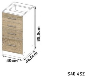 Kuchynská skrinka dolná s pracovnou doskou LIMA S40 4SZ, 40x85,5x46, sonoma/biela