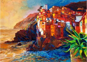 Sklenený obraz - Dedina na pobreží Cinque Terre, Talianska riviéra, moderný impresionizmus (70x50 cm)