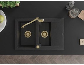 Mexen Gaspar, granitový drez 752x436x161 mm, 1,5-komorový a drezová batéria Carla, čierna-strieborná metalíza, 6507-73-670700-50