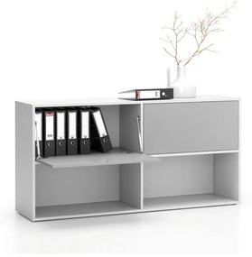 PLAN Kancelársky policový regál LAYERS, dlhý, 2 boxy, 1582 x 400 x 777, biela / sivá