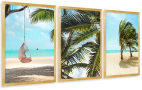 Gario Sada plagátov Morská pláž - 3 dielna Farba rámu: Zlatá, Veľkosť: 99 x 45 cm