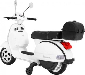 Ramiz Elektrický skúter Vespa pre deti biely + pomocné kolieska + audio + ekokoža + EVA + plynulý štart
