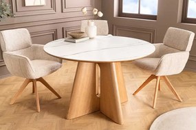 Okrúhly keramický jedálenský stôl Yenibeth 120 cm biely mramor / dub