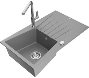 Mexen Cesar, 1-komorový granitový drez 775x470x190 mm a drezová batéria Flora, šedá, 6514-71-670401-00