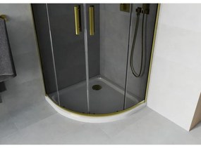 Mexen Rio, štvrťkruhový sprchovací kút s posuvnými dverami 80(dvere) x 80(dvere) x 190 cm, 6mm šedé sklo, zlatý profil + biela sprchová vanička SLIM, 863-080-080-50-40-4110G