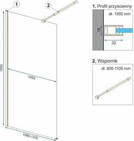 Rea Aero Ombre, sprchová zástena Walk-In 110x195 cm, 8mm číre sklo s bielym vzorom, zlatý matný profil, REA-K2465