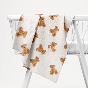 Biante Mušelínová plienka/dečka Nature MSN-038 Medvedíky na krémovo bielom 120x120 cm