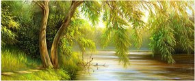 Obraz - Vŕba pri jazere, olejomaľba (120x50 cm)