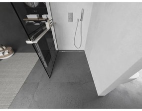 Mexen Kioto+ L, sprchová zástena Walk-In s poličkou a vešiakom 110 x 200 cm, 8mm číre sklo čierny vzor, brúsená oceľ profil, 800-110-123-97-77