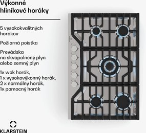 Klarstein Turbocast plynová varná doska, 304 nehrdzavejúca oceľ, 5 horákov, profesionálny liatinový držiak, horák wok