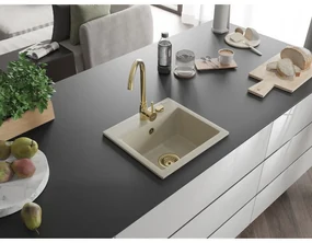 Mexen Milo, 1-komorový granitový drez 435x410x171 mm a zlatá batéria Telma, béžová, 6505-69-670200-50