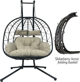 CH LUVO ČIERNA DVOJITÁ SKLADACIA ZÁVESNÁ STOLIČKA, VANKÚŠ – SVETLOŠEDÁ, RÁM – ČIERNY