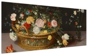 Obraz - Jan Brueghel the Elder, Flowers in a Basket and a Vase, reprodukcia (120x50 cm)