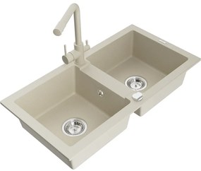 Mexen Mario, 2-komorový granitový drez 820x436x161 mm a béžová drezová batéria Duero, béžová, 6504-69-671600-69